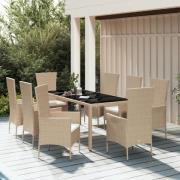 vidaXL Matgrupp för trädgården med dynor 9 delar beige konstrotting