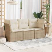 vidaXL Soffgrupp för trädgården 3 delar med dynor beige konstrotting