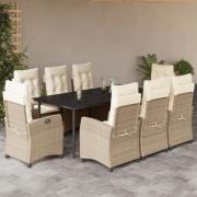 vidaXL Matgrupp för trädgården med dynor 9 delar beige konstrotting