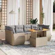 vidaXL Matgrupp för trädgården med dynor 7 delar beige konstrotting