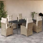 vidaXL Matgrupp för trädgården med dynor 7 delar beige konstrotting