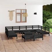 vidaXL Loungegrupp för trädgården 12 delar svart massiv furu