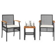 vidaXL Caféset 3 delar med dynor konstrotting akaciaträ svart