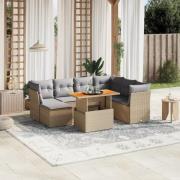 vidaXL Matgrupp för trädgården med dynor 8 delar beige konstrotting