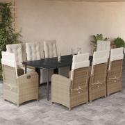 vidaXL Matgrupp för trädgården med dynor 9 delar beige konstrotting