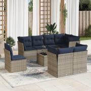 vidaXL Soffgrupp för trädgården med dynor 9 delar grå konstrotting