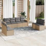 vidaXL Matgrupp för trädgården med dynor 8 delar beige konstrotting