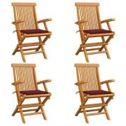 vidaXL Trädgårdsstolar med vinröda dynor 4 st massiv teak