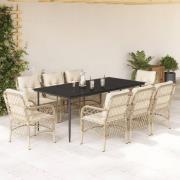 vidaXL Matgrupp för trädgården med dynor 9 delar beige konstrotting