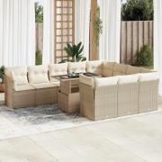 vidaXL Loungegrupp för trädgården m. dynor 11 delar beige konstrotting