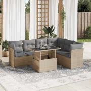 vidaXL Matgrupp för trädgården med dynor 7 delar beige konstrotting