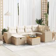 vidaXL Matgrupp för trädgården med dynor 7 delar beige konstrotting