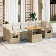 vidaXL Matgrupp för trädgården med dynor 8 delar beige konstrotting
