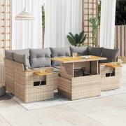 vidaXL Trädgårdssoffset med dynor 7 delar beige konstrotting akaciaträ