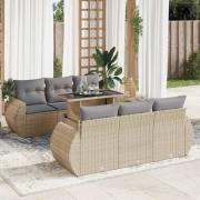 vidaXL Matgrupp för trädgården med dynor 7 delar beige konstrotting