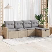 vidaXL Soffgrupp för trädgården med dynor 5 delar beige konstrotting