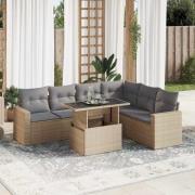 vidaXL Matgrupp för trädgården med dynor 7 delar beige konstrotting