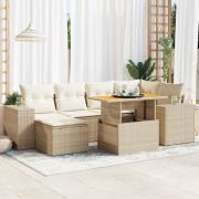 vidaXL Matgrupp för trädgården med dynor 7 delar beige konstrotting