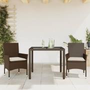 vidaXL Matgrupp för trädgård med dynor 3 delar brun konstrotting&glas