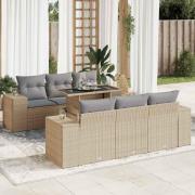 vidaXL Matgrupp för trädgården med dynor 7 delar beige konstrotting