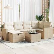 vidaXL Matgrupp för trädgården med dynor 7 delar beige konstrotting