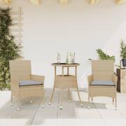 vidaXL Matgrupp för trädgård med dynor 3 delar beige konstrotting&glas
