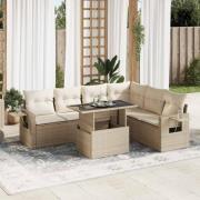 vidaXL Matgrupp för trädgården med dynor 7 delar beige konstrotting