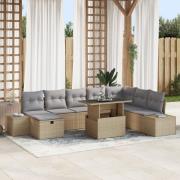 vidaXL 9 delar Trädgårdsoffaset med kuddar Beige Poly Rattan