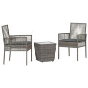 vidaXL 3-delad trädgårdsbistro set med kuddar grå poly rattan