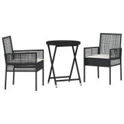 vidaXL 3 Delars Trädgårdsbistro Set med Kuddar Svart Poly Rattan