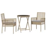 vidaXL 3-delars trädgårdsbistroset med kuddar beige polyrotting