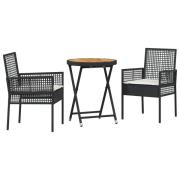vidaXL 3-delars Trädgårds Bistro Set med Kuddar Svart Poly Rattan
