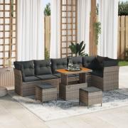 vidaXL 9 Delars Trädgårdsofa Set med Kuddar Grå Poly Rattan Akacia, vi...