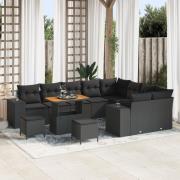 vidaXL 12-delat trädgårdsofa set med kuddar svart poly rattan akacia, ...