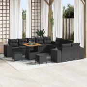 vidaXL 13-delat trädgårdsoffaset med kuddar Svart Poly Rattan Acacia, ...
