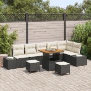 vidaXL 9 Stycken Trädgårdsoffasett Med Kuddar Svart Poly Rattan Akacia...