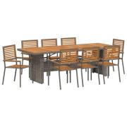 vidaXL 9-delat Trädgårdsserveringsset Grå Poly Rattan Acacia, vidaXL S...
