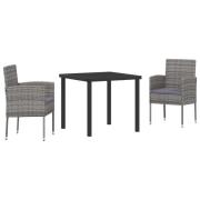 vidaXL 3 Delar Trädgårdsdining Set med Kuddar Grå Poly Rattan