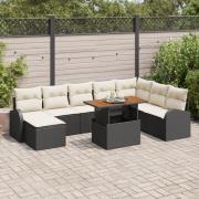 vidaXL 9-delars Trädgårds Dining Set med Kuddar Svart Poly Rattan Akac...