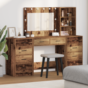 vidaXL Sminkbord set 3 delar med LED-lampor åldrat och konstruerat trä