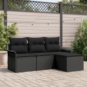 vidaXL 4-delat trädgårdsoffasett med kuddar Svart Poly Rattan