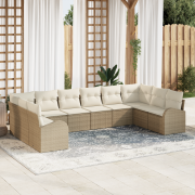 vidaXL 10-delad trädgårdsofagrupp med kuddar - Beige Poly Rattan