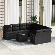 vidaXL 9 Delars Trädgårdsoff Set med Kuddar Svart Poly Rattan
