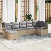 vidaXL 7 delar trädgårdsoffaset med kuddar beige poly rattan