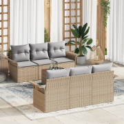 vidaXL 7 Delar Trädgårdsoffgrupp med Kuddar Beige Poly Rattan Akacia