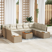 vidaXL 10 Delar Trädgårdsoff set med Kuddar Beige Poly Rattan Akacia