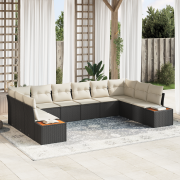 vidaXL 10 Delars Trädgårdssoffa-set med kuddar Svart Poly Rattan Akaci...