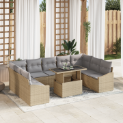 vidaXL 10-delars Trädgårdsoffagrupp med kuddar Beige Poly Rattan