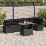 vidaXL 7-delars trädgårdsmatsalsset med kuddar svart polyetenrattan ak...