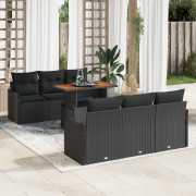 vidaXL 7-delars trädgårdsmöbelset med kuddar Svart Poly Rattan Akacia